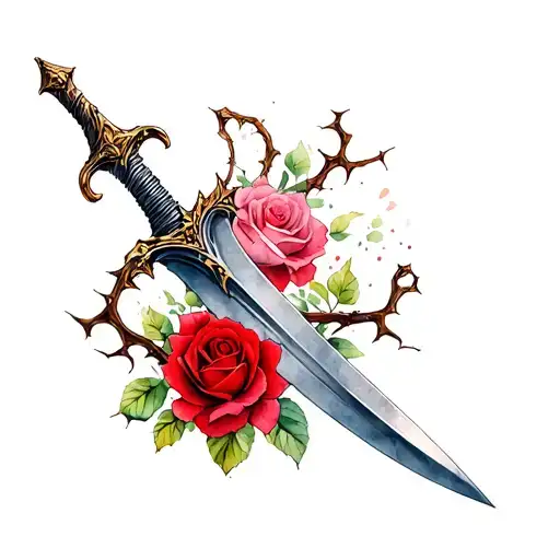 Dagger With Red And Pink Roses And Thorns Wrapping