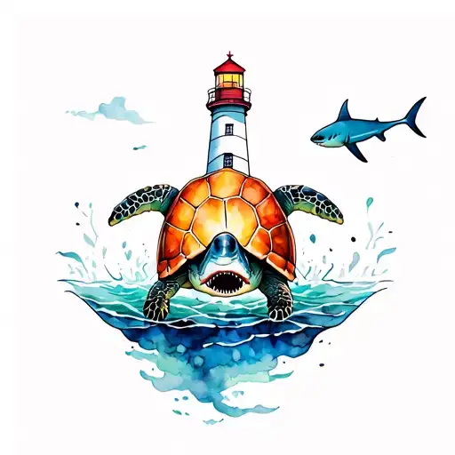 Turtle Back Tattoo With Lighthouse And Shark Inside The Shell