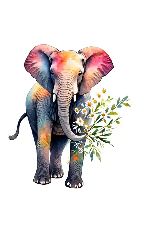 Elephant Surrounded With Olive Branches And Daisies