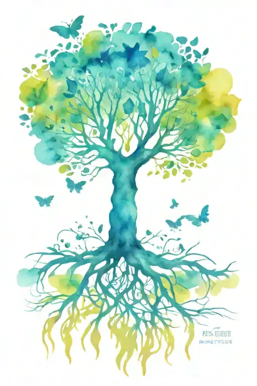 Tree Of Life With Roots Spreading And Butter Fly
