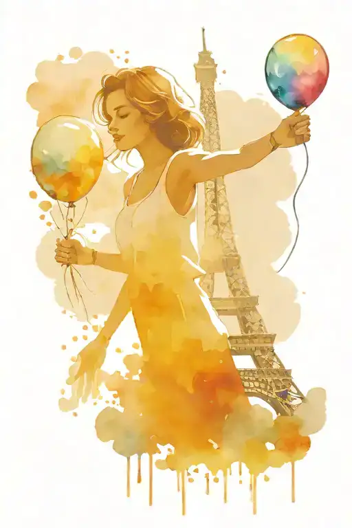 Girl Holding The Eiffel Tower As A Balloon And Watercolor Background
