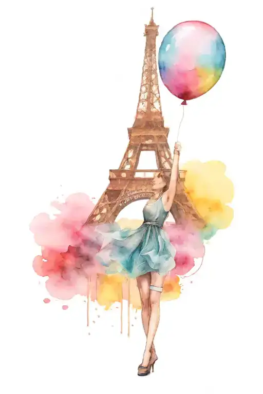 Girl Holding The Eiffel Tower As A Balloon And Watercolor Background