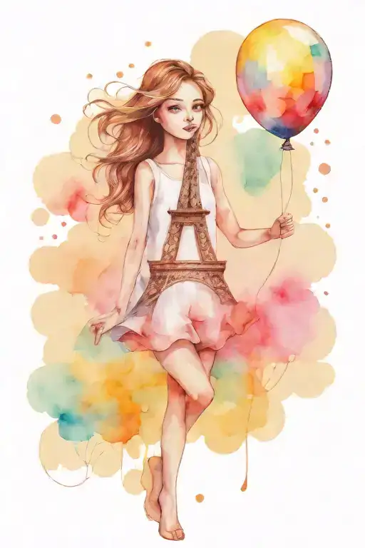 Girl Holding The Eiffel Tower As A Balloon And Watercolor Background