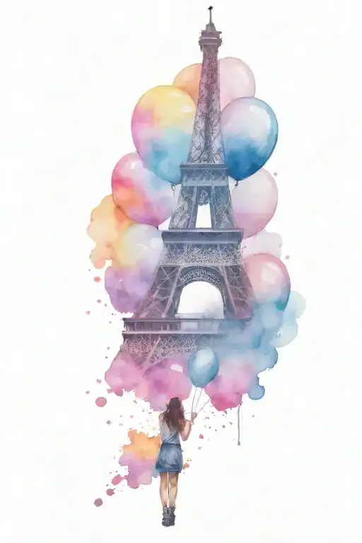 Girl Holding The Eiffel Tower As A Balloon And Watercolor Background