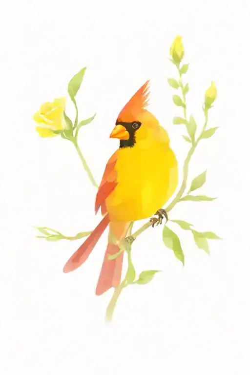 Cardinal Sitting With Yellow Roses