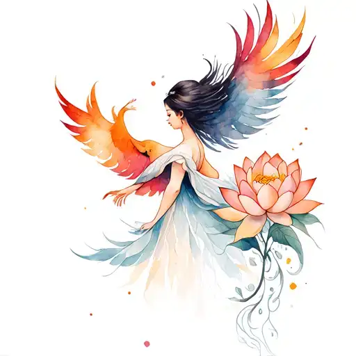 A Girl With Feathers Rising Like Phoenix Bird And Lotus Flower Large
