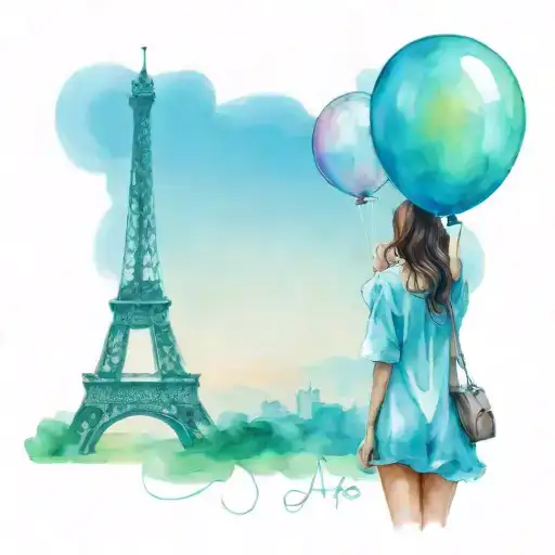 Girl With Eifel Tower Balloon In Watercolor