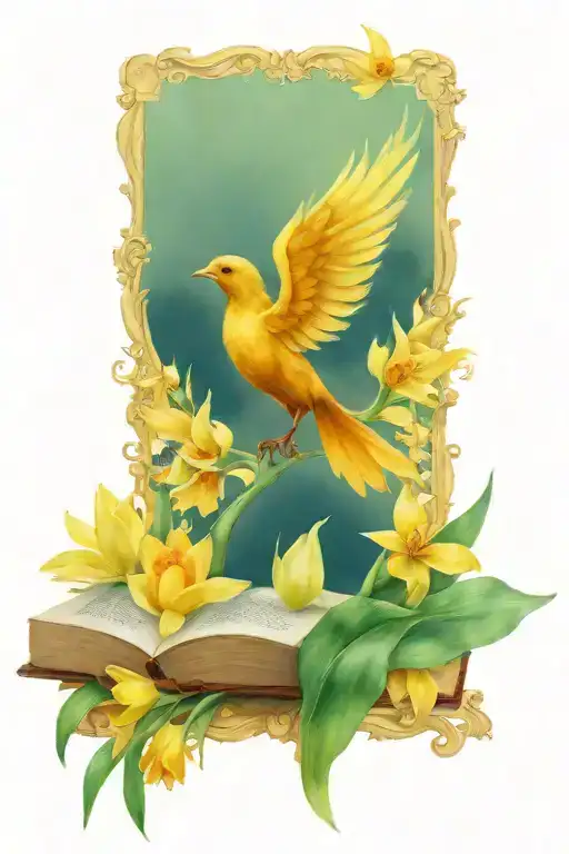 Pheonix Rising From An Open Book Surrounded By Daffodil And Tulips