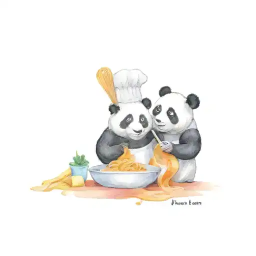 One Chef Panda Cooking Pasta And Another Panda Eating Pasta