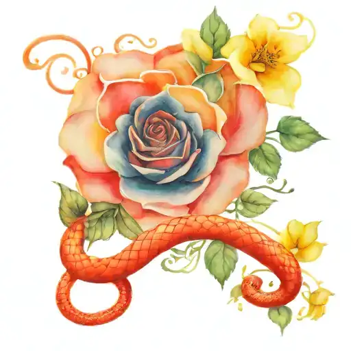 Red Snake Intertwined Within Roses