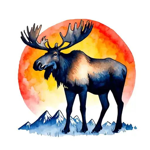 Moose Standing Tall With Nountains And Rising Sun