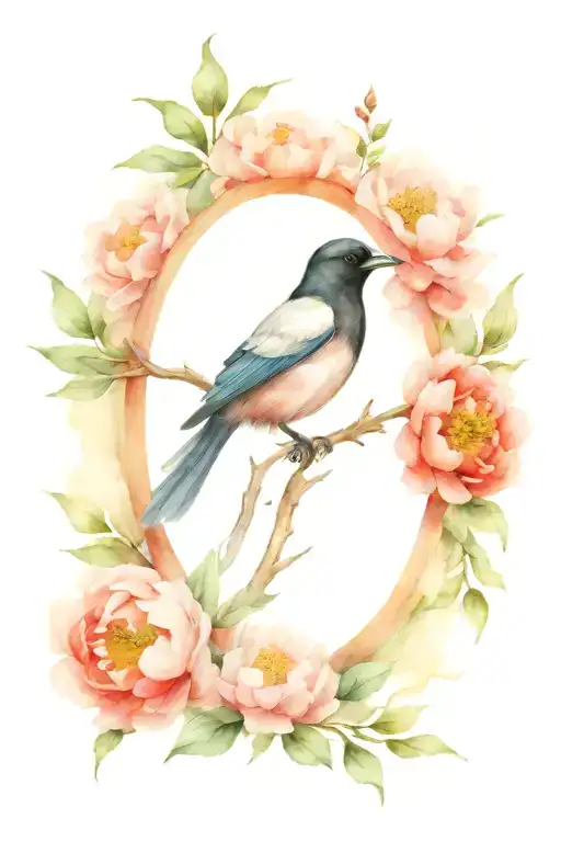 Magpie Bird With Peonie Flowers