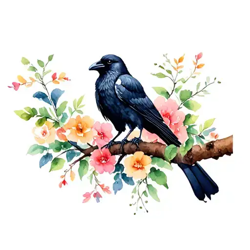 Two Crows Perched On A Tree Branch Surrounded By Flowers
