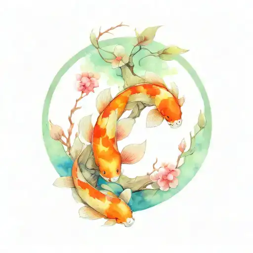Cherry Tree Of Life With Yin And Yang Koi Fish At The Base Of The Tree