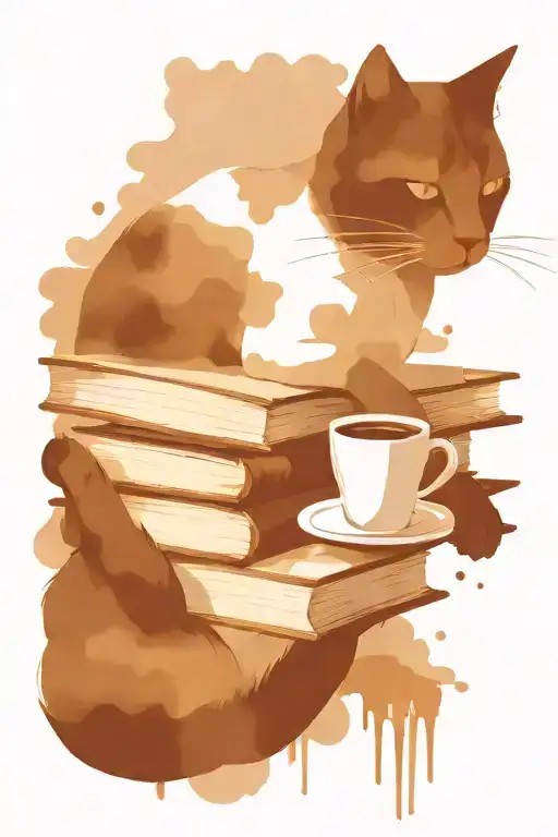 Coffee Stain Background With Stack Of Books And Cat