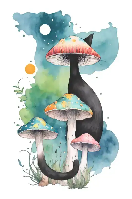 Colorful Mushroom Black Cat With Sun And Moon