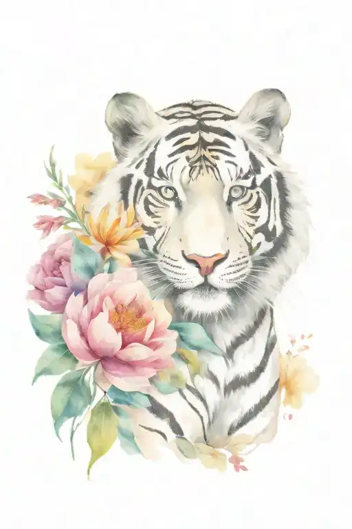 White Tiger Surrounded With Big Coloured Flowers In Bloom No Leaves