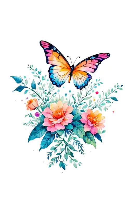 Floral Landscape Inspired Tattoo Featuring A Butterfly