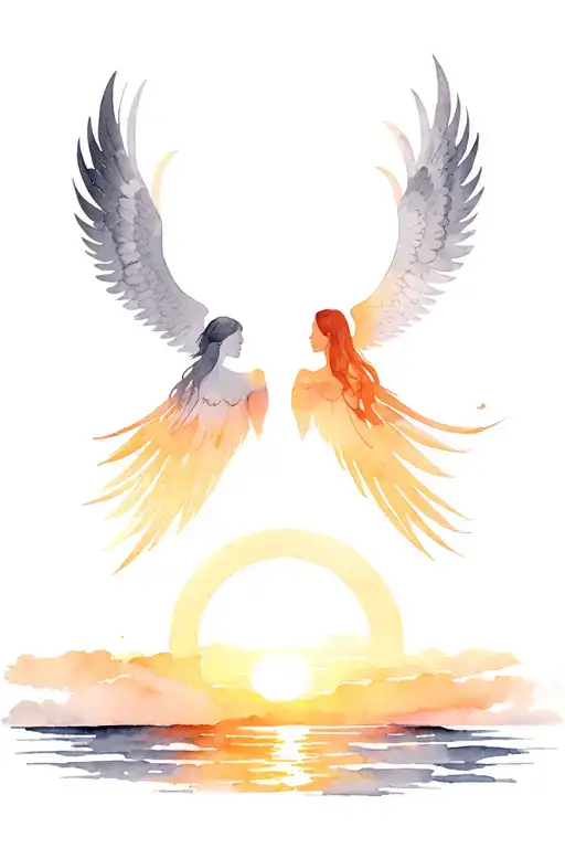 Grey Angel Wings Wrapped Around Sunset Scene Inside