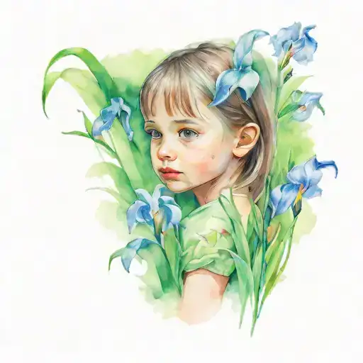 A Sleeve Tattoo Of A Little Girl In A Green Field With Irises