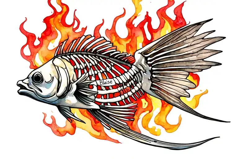 Angelfish Skeleton With Name Blaise In The Ribs Surrounded By Realistic Fire