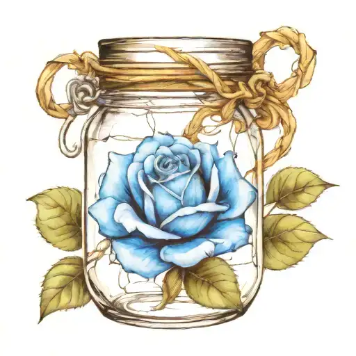 A Blue Rose Inside A Sealed Mason Jar Wrapped In Barbed Wire