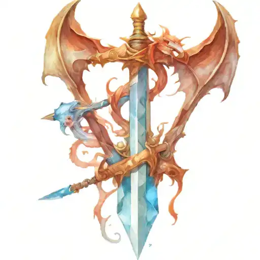 Vertical Sword With Blue Gemstone In The Hilt With Three Small Flying Dragons