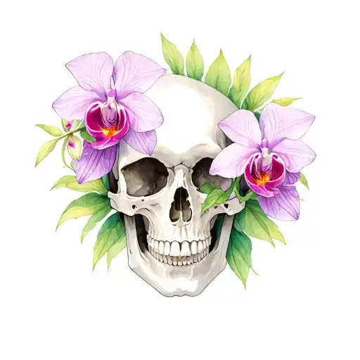 Water Color Orchid Flowers Growing Around A Skull With Memento Mori Carved Into The Skull
