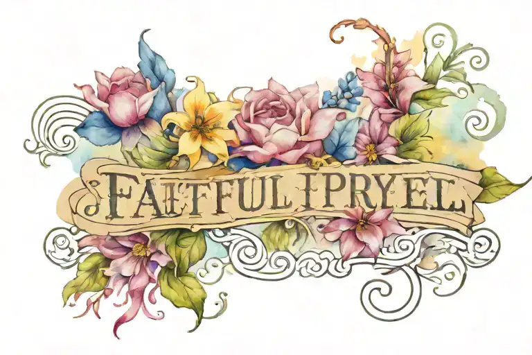 Words Faithful In Prayer Written Inside A Banner Surrounded By Clouds And Flowers