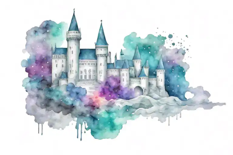 Black And White Medieval Castle With Colorful Galaxy Background