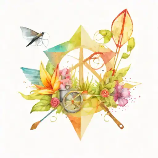 A Colorful Collage Of Kitesurfing Equipment And Gardening Tools With A Family Symbol In The Center