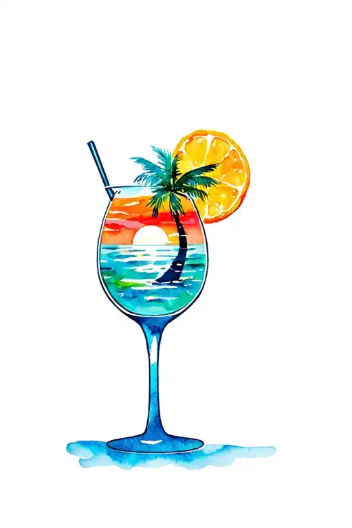 Cocktail Glass With Beach Sunset Inside And Palm Tree