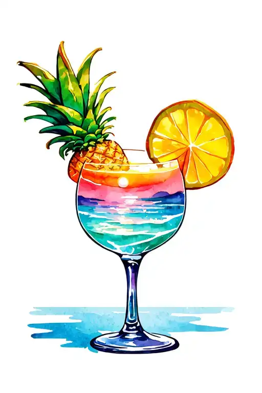 Cocktail Glass Garnished With Pineapple With Beach Sunset Inside