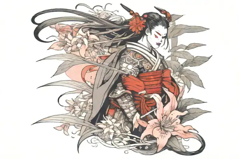 Samurai Girl Wearing A Kabuki Mask And Armor In A Field Of Red Spider Lilies