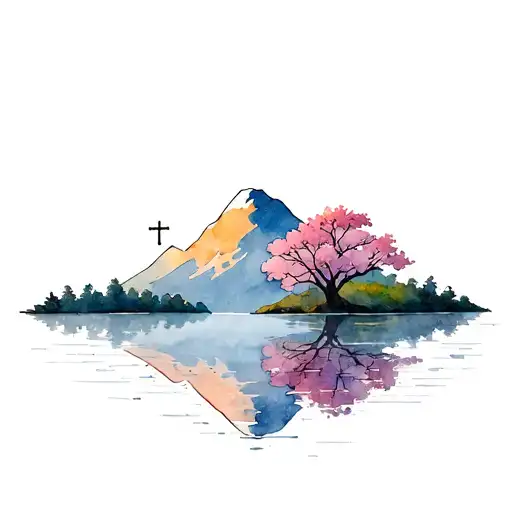 Strong Mountain With Dogwood Trees And A Cross Out Of The Water Reflection
