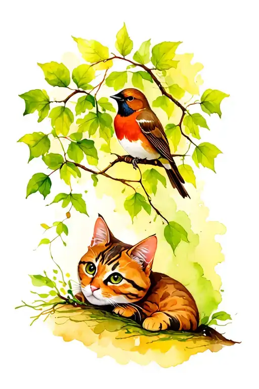 Vine With Sparrow On It And The Cat Under It