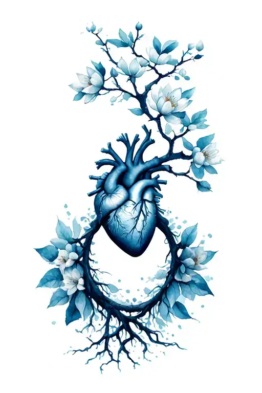 Cherry Blossom Tree Of Life With Anatomical Heart In Roots And Lotus Flowers