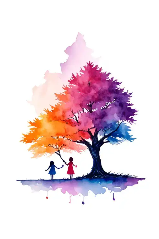 Mother And Two Daughter Tree Tattoo Design Incorporating Four Seasons