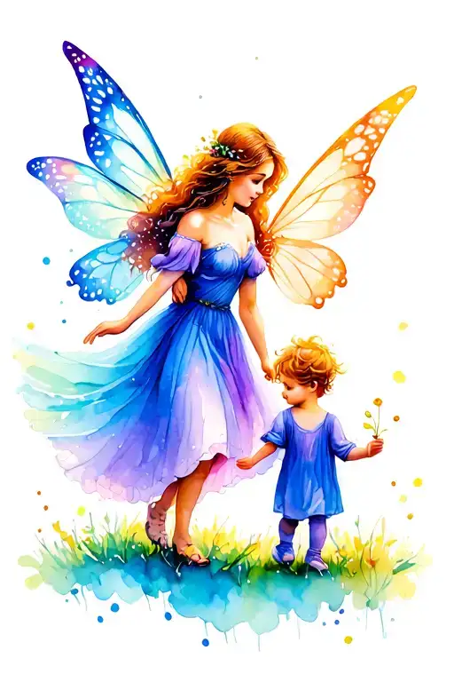 Fairy Mother Holding Fairy Toddler Son Walking