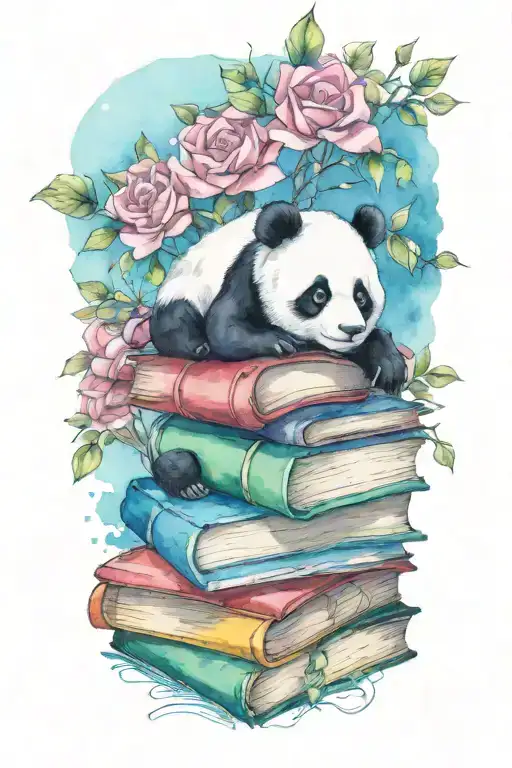 A Stack Of Books With A Panda Reading On Top