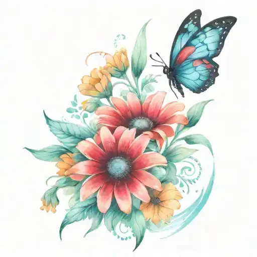Red Daisy & Butterfly Tattoo Design