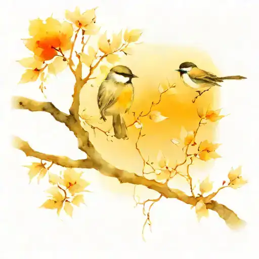 Sunset Tree With Chickadees Perched