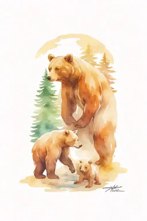 Khanty Bear And Cub Against The Backdrop Of A Winter Forest