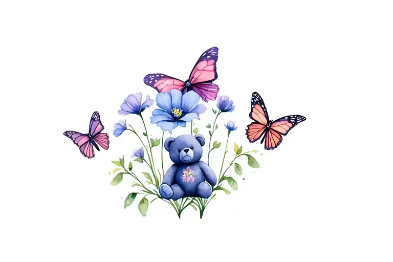 Sweet Pea Flowers With Butterflies And A Teddy Bear