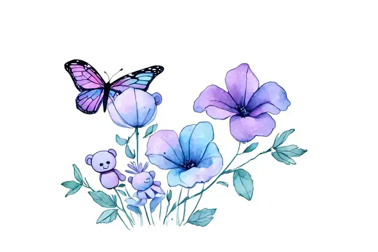 Sweet Pea Flowers With Butterflies And A Teddy Bear And A Peanut
