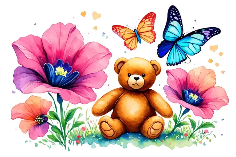 Sweet Pea Flowers With Butterflies And A Teddy Bear Next To A Peanut