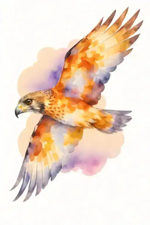 Flying Little Falcon Against The Background Of Snowy Mountains And Clouds