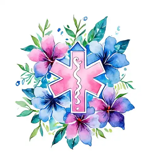 Ems Star Of Life In Blue With Watercolor Hawaiian Flowers Surrounding