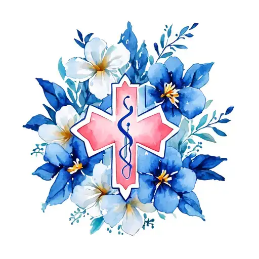 Ems Star Of Life In Blue With Watercolor Hawaiian Flowers Surrounding