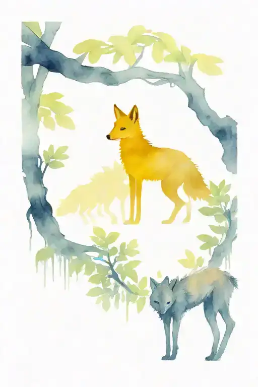 Yellow Ipe With Maned Wolf Coming Out From Behind The Tree